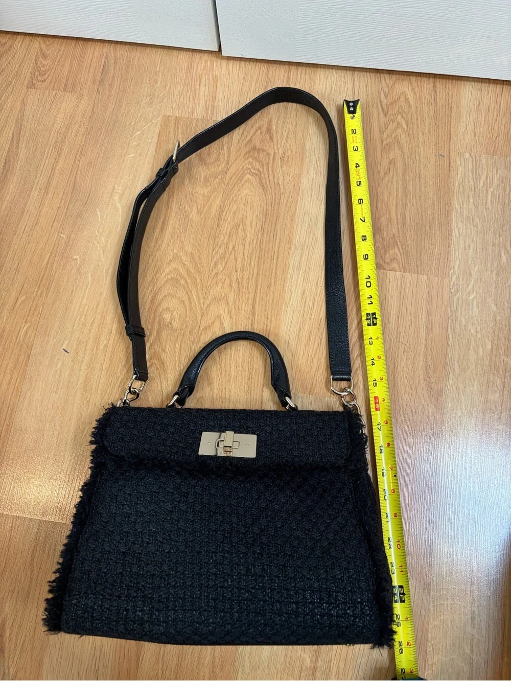 Kate Spade Nadine Black Wool Tweed Satchel with Gold Hardware